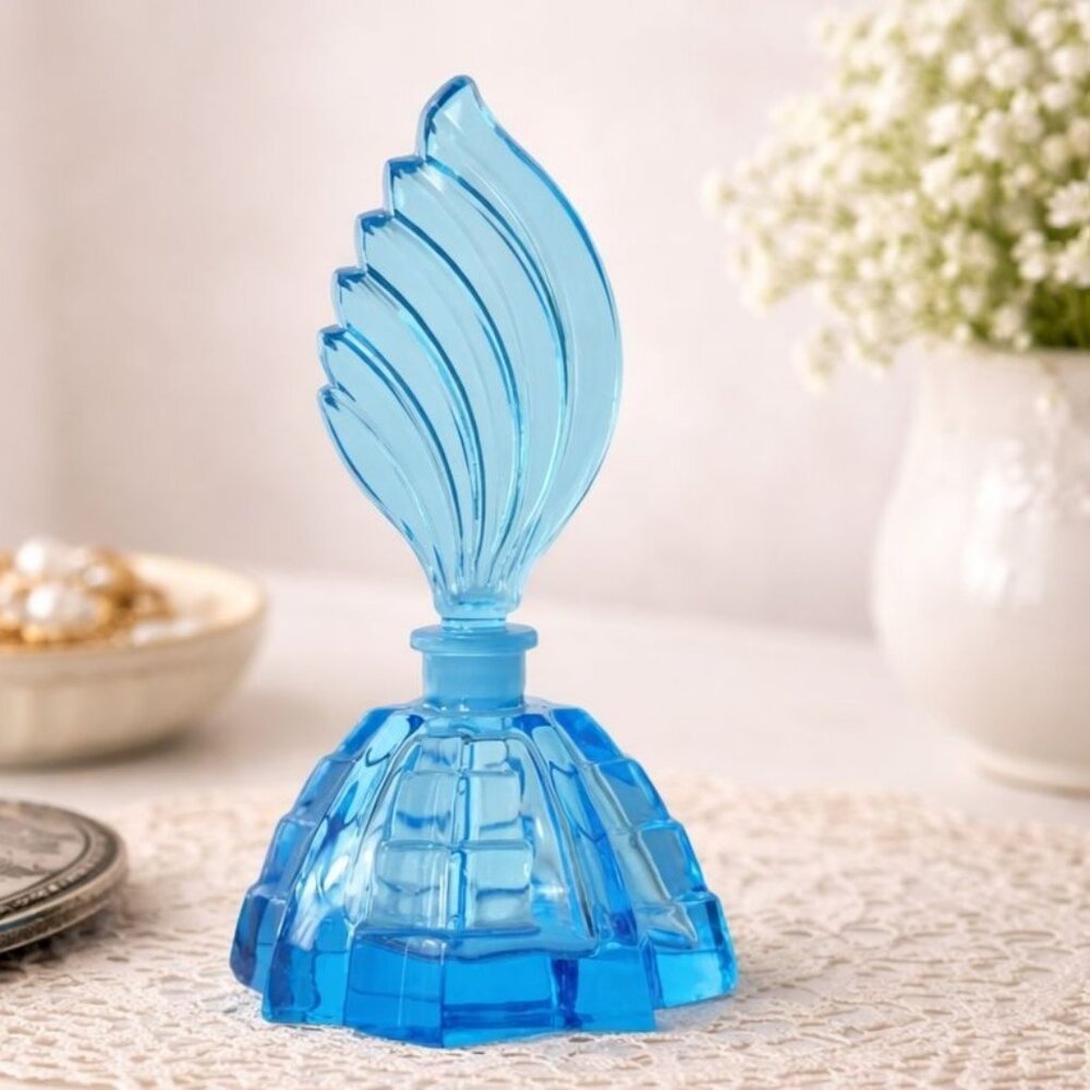 Art Deco Blue Glass Perfume Bottle Feather Stopper VTG Vanity Decor Collectible